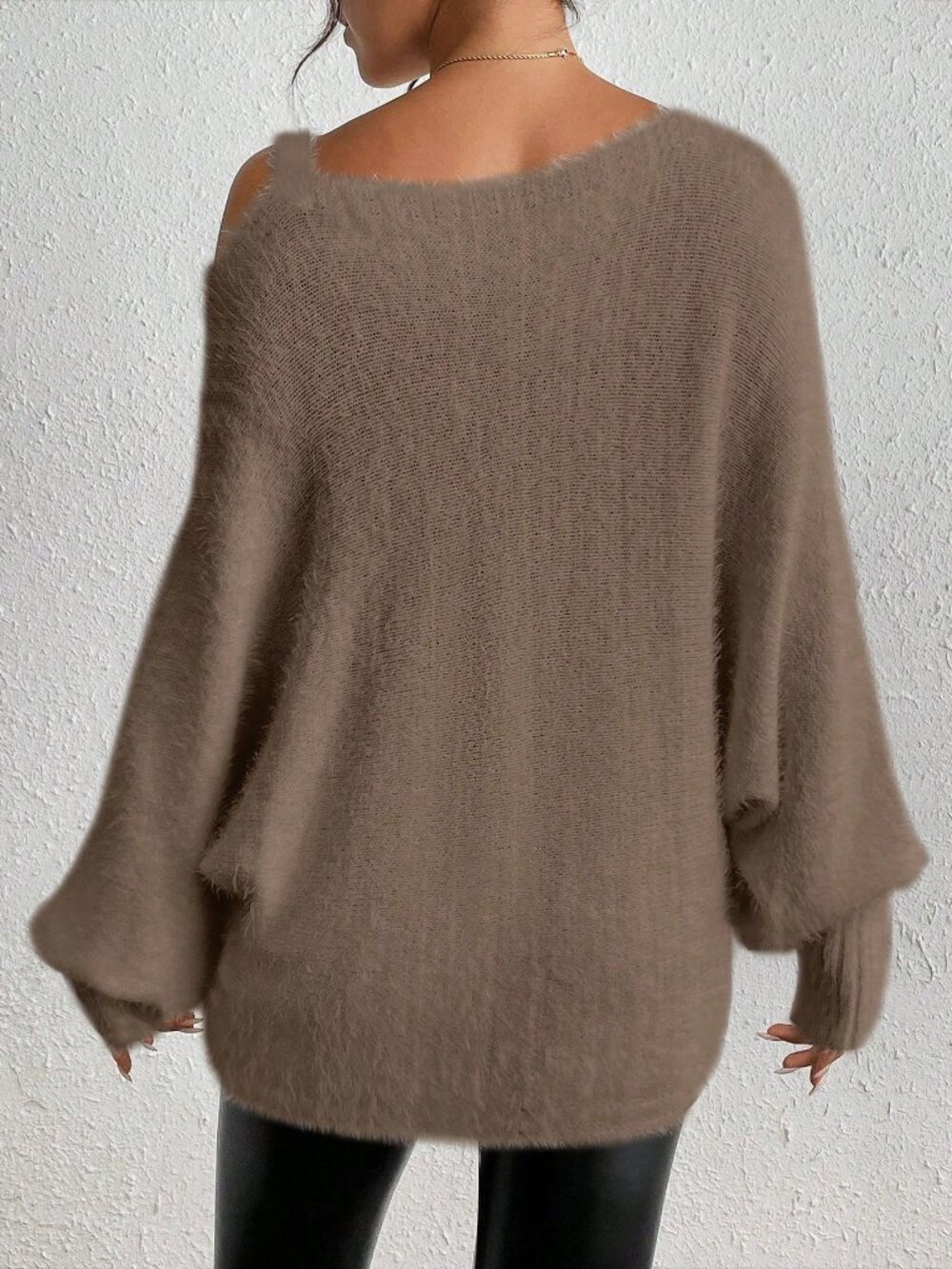 Mocha Brown Casual Women's Asymmetric Pearls Batwing Loose Knit Pullover - Picture 2 of 8